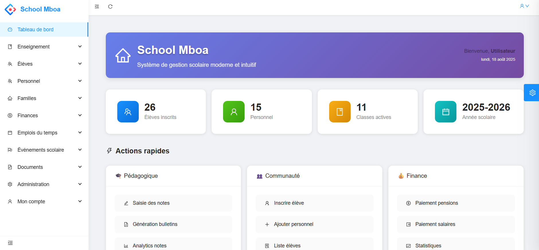 Tableau de bord School Mboa