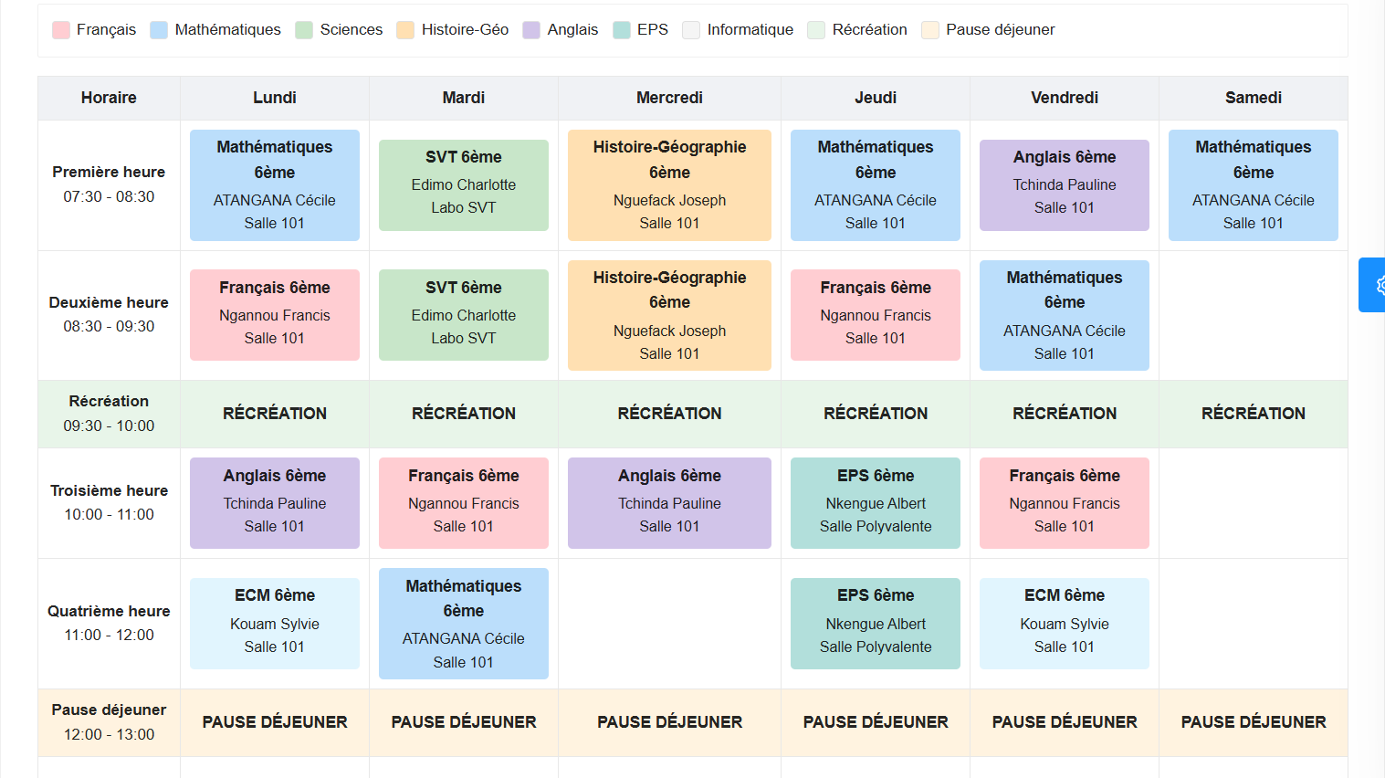 Interface emploi du temps