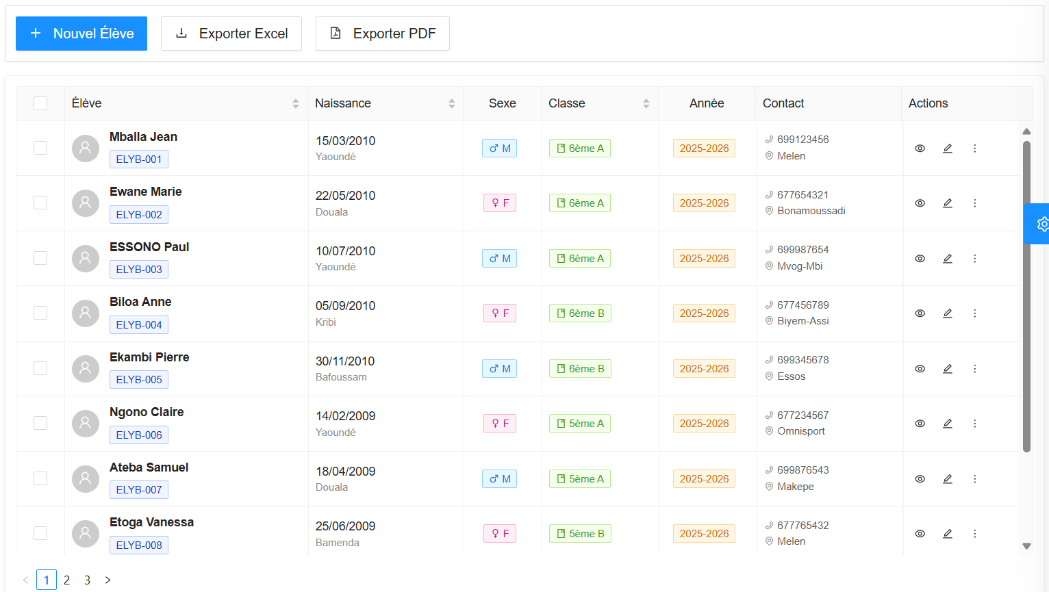 Interface de gestion des élèves
