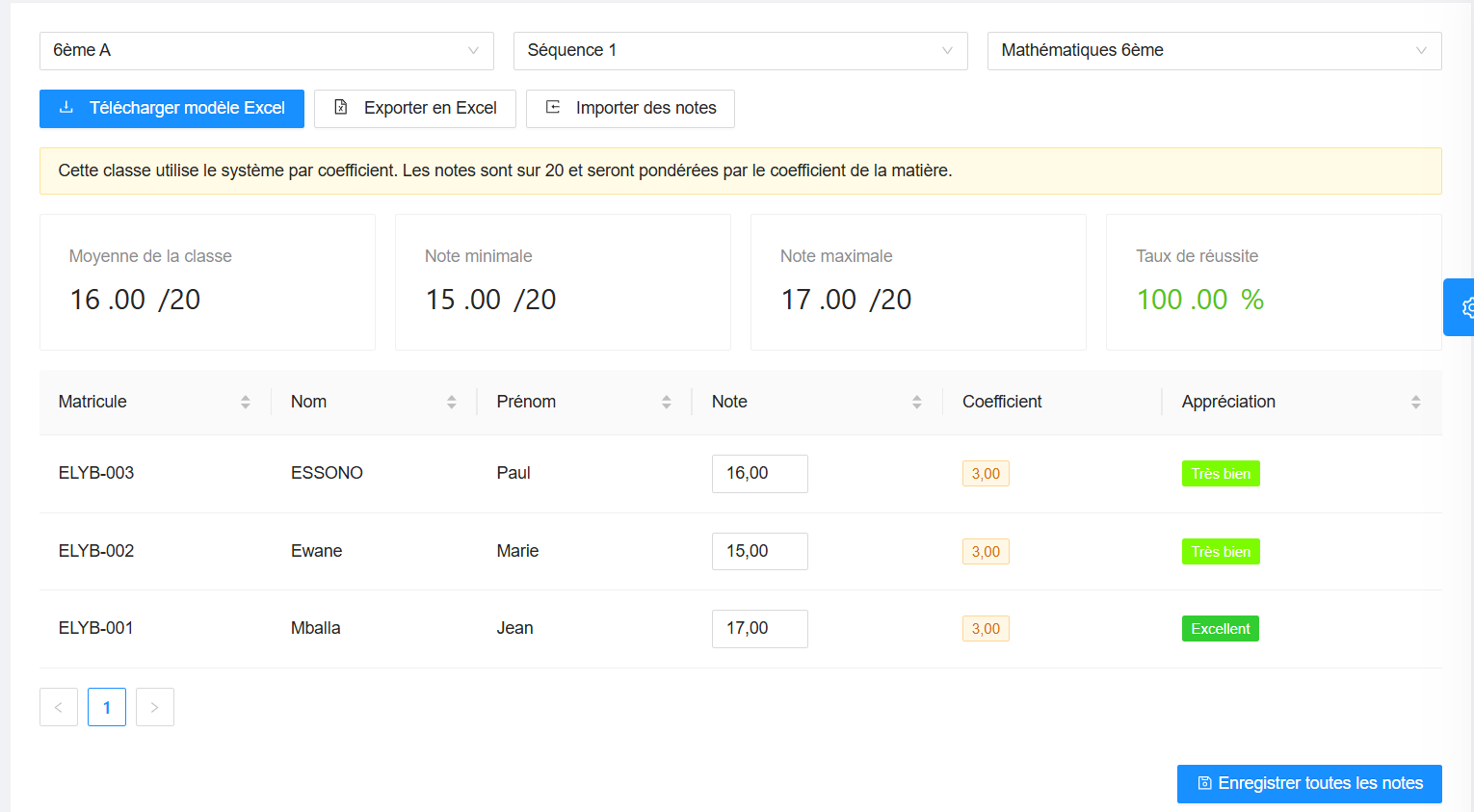 Interface de gestion des notes